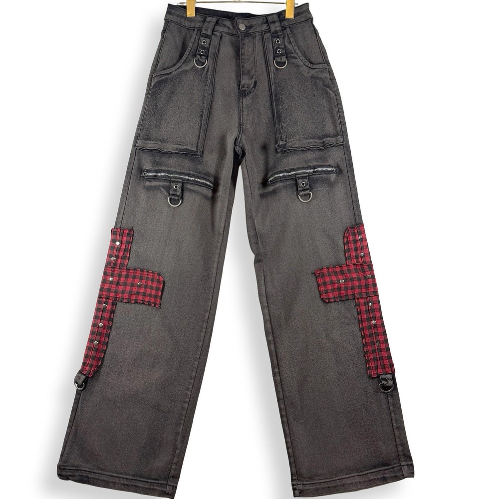 Hot Topic Grey Wash Plaid Cross Wide Leg Jeans Size 7 Goth Punk D-Ring Y2K